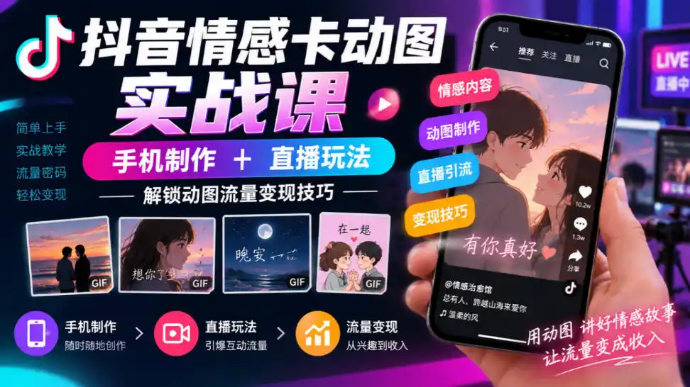 抖音情感卡动图实战课｜手机制作+直播玩法，解锁动图流量变现技巧-一起筹课网