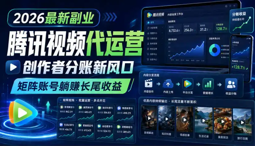 2026最新副业之腾讯视频代运营：创作者分账新风口，矩阵账号躺賺长尾收益【揭秘】-一起筹课网