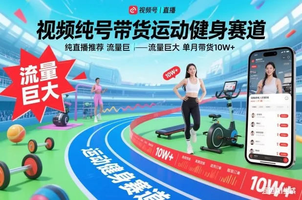 视频号带货运动健身赛道，纯直播推荐，流量巨大，单月带货10W+-一起筹课网