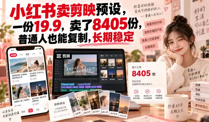 小红书卖剪映预设，一份19.9，卖了8405份，普通人也能复制，长期稳定-一起筹课网