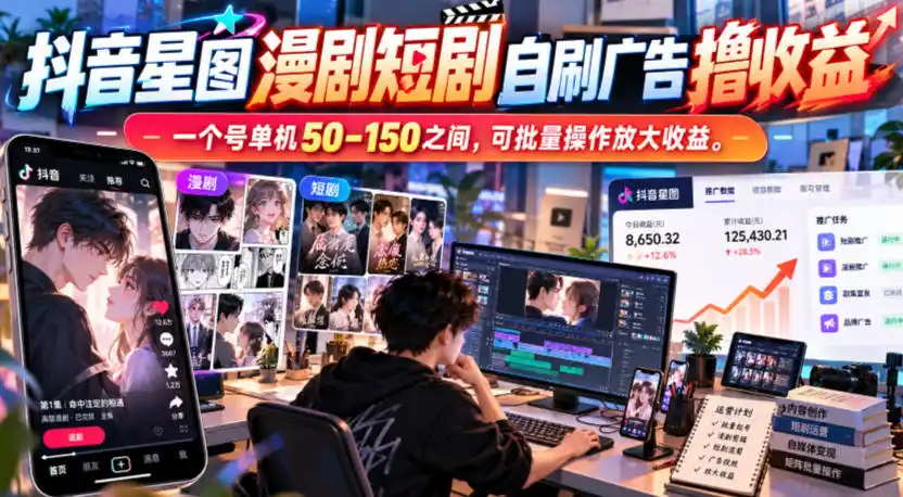 抖音星图漫剧短剧自刷广告撸收益，一个号单机50-150之间，可批量操作放大收益-一起筹课网