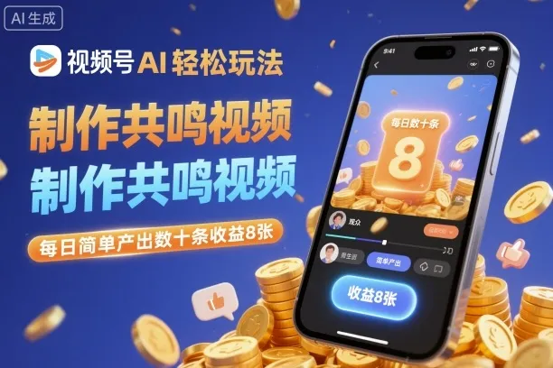 视频号AI轻松玩法，制作共鸣视频，每日简单产出数十条收益8张-一起筹课网