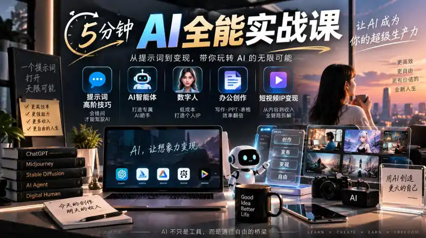 5分钟AI全能实战课｜提示词高阶技巧+AI智能体+数字人+办公创作+短视频IP变现全教程-一起筹课网