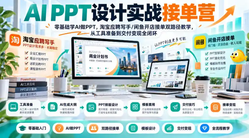 AI PPT设计实战接单营｜零基础学AI做PPT，淘宝应聘写手/闲鱼开店接单双路径教学，从工具准备到交付变现全闭环-一起筹课网
