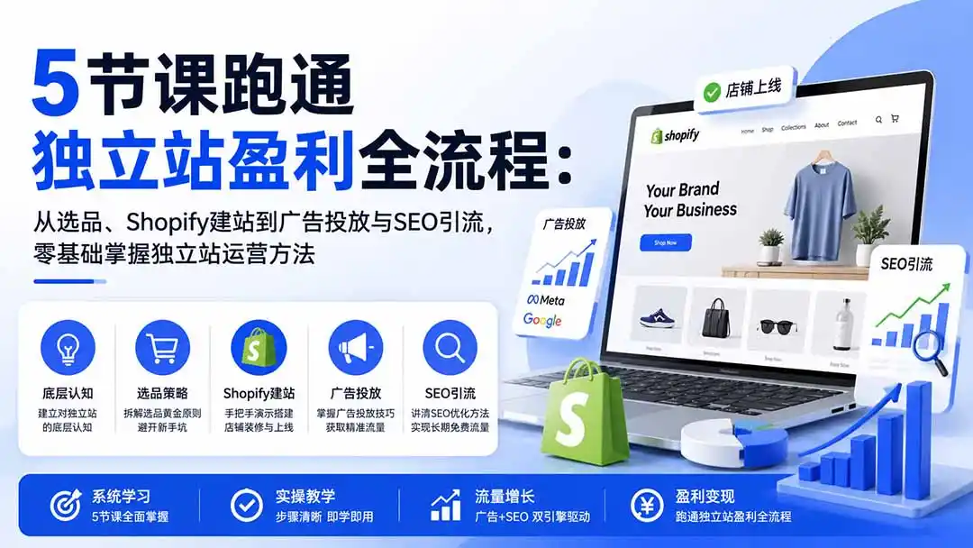 5节课跑通独立站盈利全流程：从选品、Shopify建站到广告投放与SEO引流，零基础掌握独立站运营方法-一起筹课网
