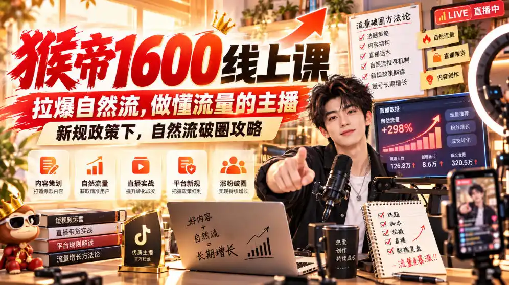 猴帝1600线上课，拉爆自然流，做懂流量的主播，新规政策下，自然流破圈攻略【更新261002】-一起筹课网