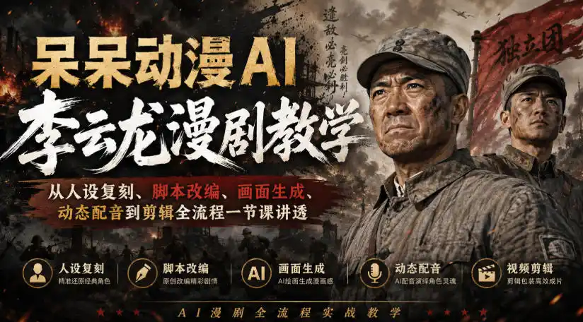 呆呆动漫AI李云龙漫剧教学,从人设复刻、脚本改编、画面生成、动态配音到剪辑全流程一节课讲透-一起筹课网