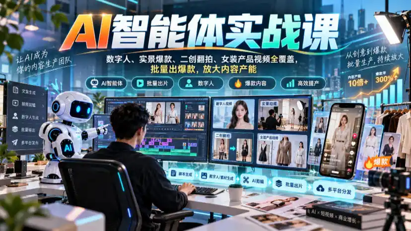 AI智能体实战课，数字人、实景爆款、二创翻拍、女装产品视频全覆盖，批量出爆款，放大内容产能-一起筹课网
