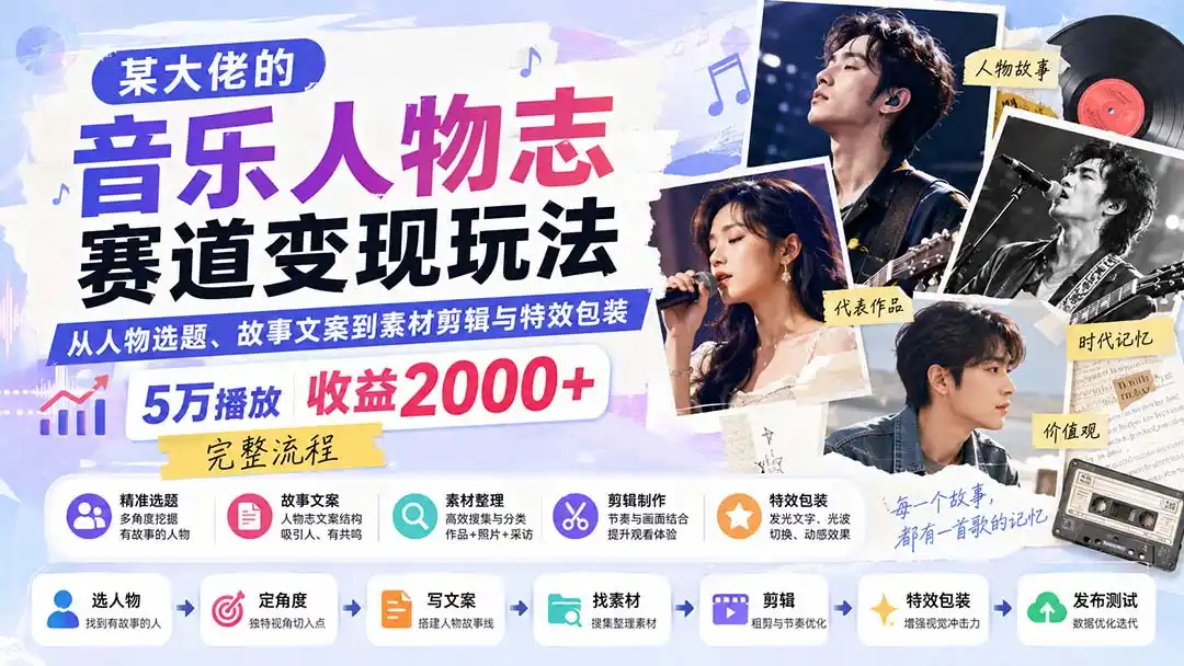 某大佬的音乐人物志赛道变现玩法：从人物选题、故事文案到素材剪辑与特效包装，5万播放收益2000+完整流程-一起筹课网