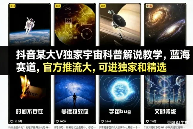 抖音某大V独家宇宙科普解说教学，蓝海赛道，官方推流大，可进独家和精选-一起筹课网