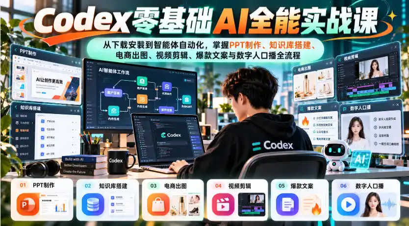 Codex零基础AI全能实战课:从下载安装到智能体自动化,掌握知识库搭建、电商出图、视频剪辑、爆款文案与数字人口播全流程-一起筹课网