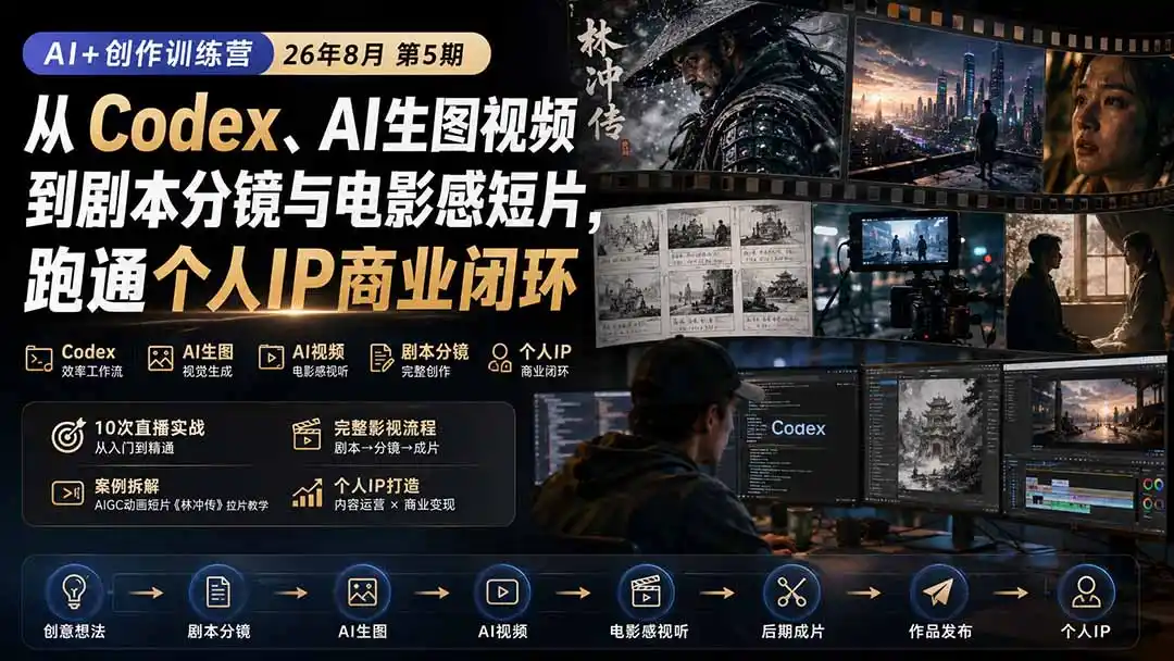 AI+创作训练营26年8月第5期：从Codex、AI生图视频到剧本分镜与电影感短片，跑通个人IP商业闭环-一起筹课网