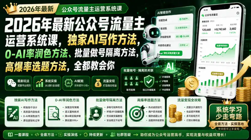 2026年最新公众号流量主运营系统课，独家AI写作方法，0-AI率润色方法、批量做号隔离方法、高爆率选题方法，全都教会你(更新1009)-一起筹课网