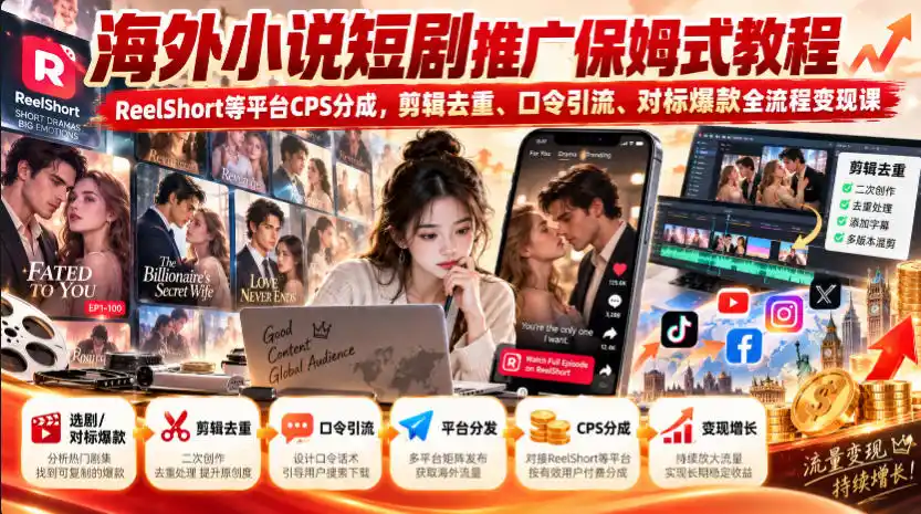 海外小说短剧推广保姆式教程｜ReelShort等平台CPS分成，剪辑去重、口令引流、对标爆款全流程变现课-一起筹课网