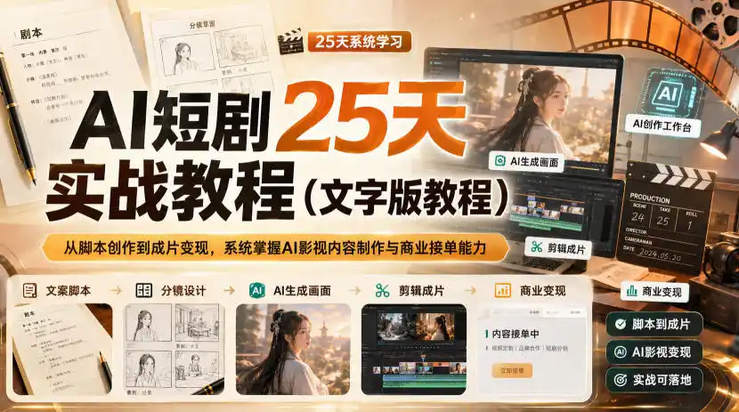 AI短剧25天实战教程(文字版教程)，从脚本创作到成片变现，系统掌握AI影视内容制作与商业接单能力-一起筹课网