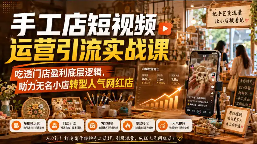 手工店短视频运营引流实战课，吃透门店盈利底层逻辑，助力无名小店转型人气网红店-一起筹课网