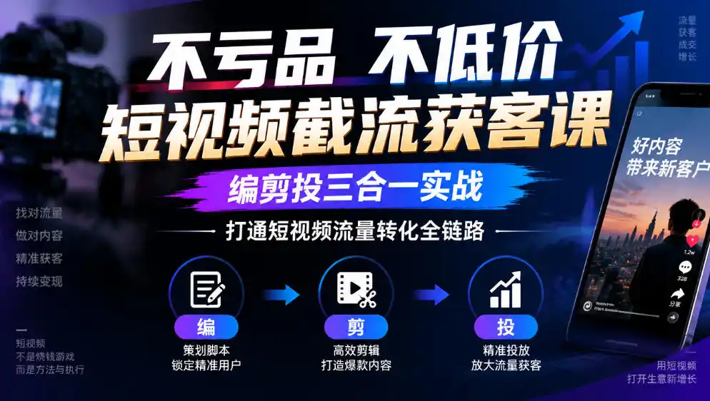 不亏品不低价短视频截流获客课,编剪投三合一实战,打通短视频流量转化全链路-一起筹课网