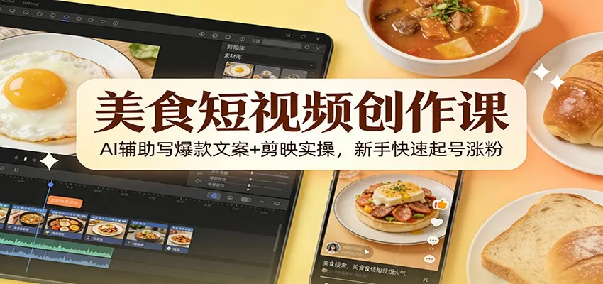 美食短视频创作课：AI辅助写爆款文案+剪映实操，新手快速起号涨粉-一起筹课网
