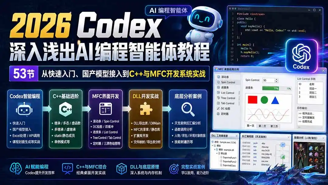 2026 Codex深入浅出AI编程智能体教程：53节从快速入门、国产模型接入到C++与MFC开发系统实战-一起筹课网