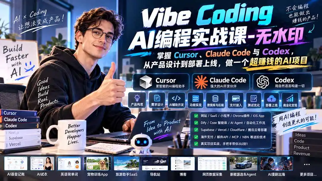 Vibe Coding AI编程实战课-无水印：掌握Cursor、Claude Code与Codex，从产品设计到部署上线，做一个超赚钱的AI项目-一起筹课网