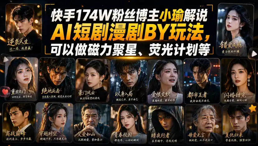 快手174W粉丝博主小瑜解说AI短剧漫剧搬运玩法，可以做磁力聚星、荧光计划等-一起筹课网