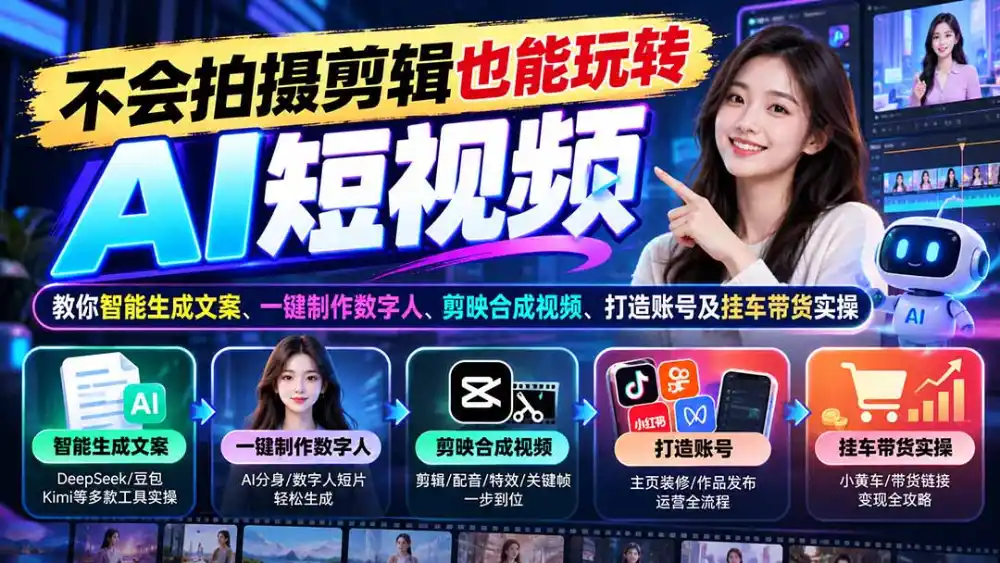 不会拍摄剪辑也能玩转AI短视频：教你智能生成文案、一键制作数字人、剪映合成视频、打造账号及挂车带货实操-一起筹课网