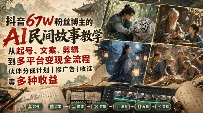 抖音67W粉丝博主的AI民间故事教学，从起号、文案、剪辑到多平台变现全流程，伙伴分成计划接广告等多种收益，月入1W+-一起筹课网