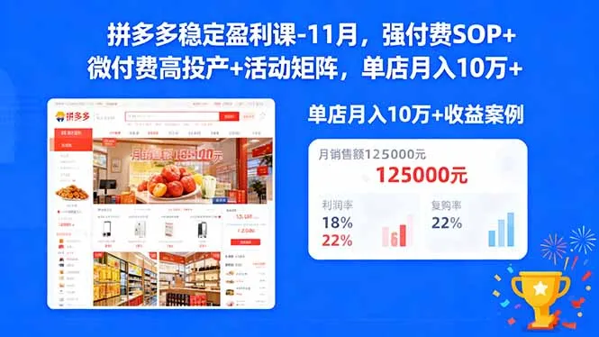 拼多多稳定盈利课-11月,强付费SOP+微付费高投产+活动矩阵,单店月入10万+-一起筹课网
