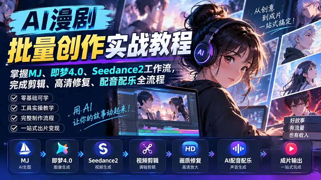 AI漫剧批量创作实战教程：掌握MJ、即梦4.0、Seedance2工作流，完成剪辑、高清修复、配音配乐全流程-一起筹课网