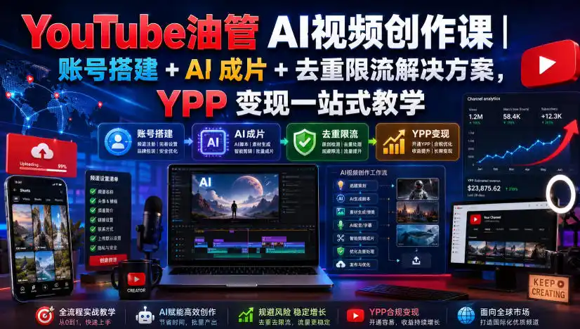 YouTube油管AI视频创作课|账号搭建+AI成片+去重限流解决方案,YPP变现一站式教学(更新0817)-一起筹课网