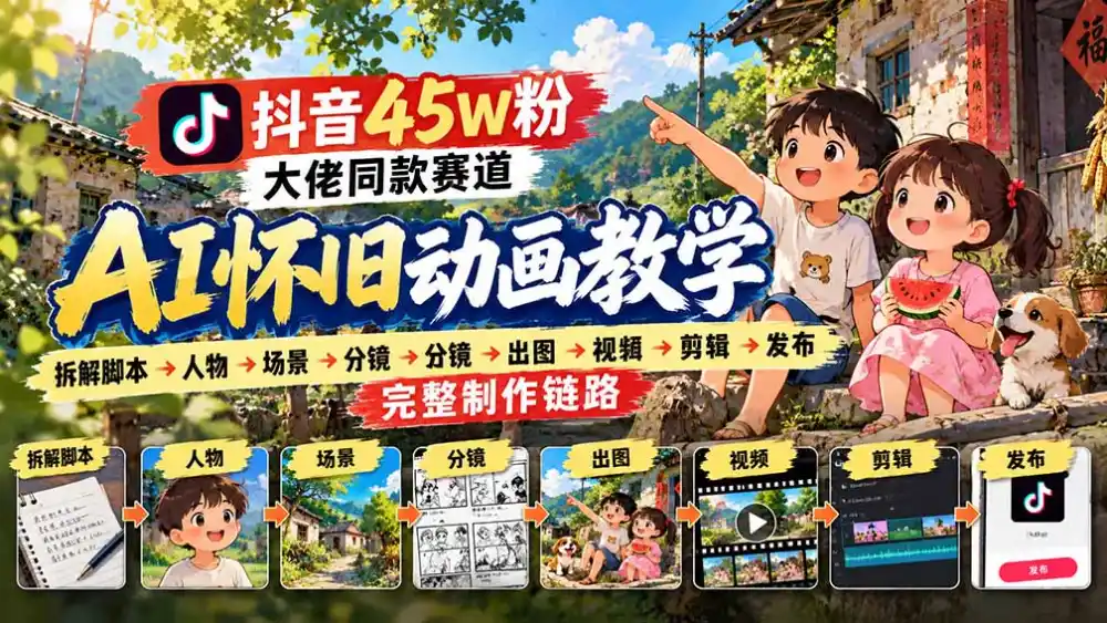 抖音45W粉大佬同款赛道AI怀旧动画教学：拆解脚本→人物→场景→分镜→出图→视频→剪辑→发布完整制作链路-一起筹课网