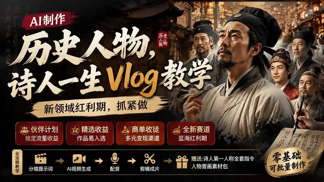 历史人物,诗人一生Vlog教学, AI制作丨伙伴计划丨精选收益丨商单收徒 ,新领域红利期,抓紧做-一起筹课网
