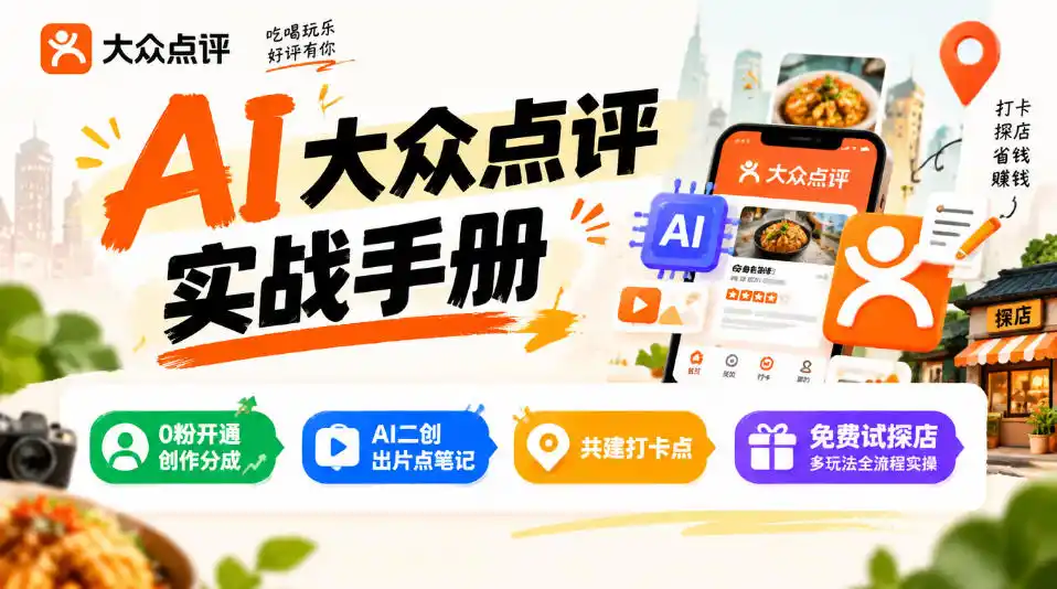 某局的AI大众点评实战手册，0粉开通创作分成、AI二创出片点笔记、共建打卡点、免费试探店多玩法全流程实操-一起筹课网