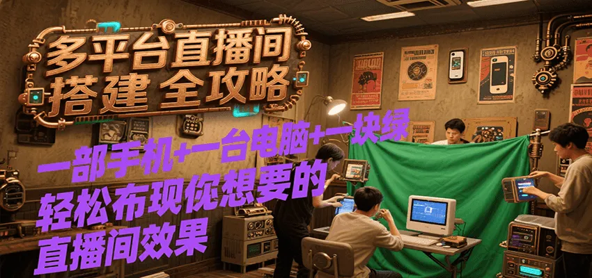 多平台直播间搭建全攻略，一部手机+一台电脑+一块绿布轻松实现你想要的直播间效果-一起筹课网