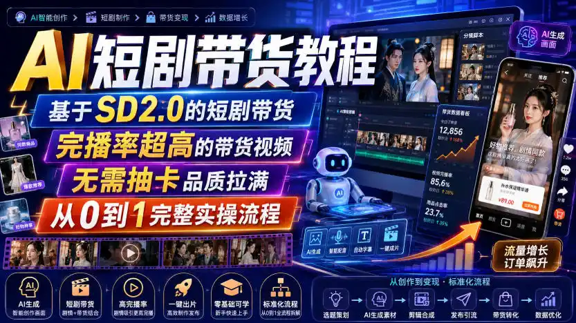 AI短剧带货教程，基于SD2.0的短剧带货，完播率超高的带货视频，无需抽卡品质拉满，从0到1完整实操流程-一起筹课网