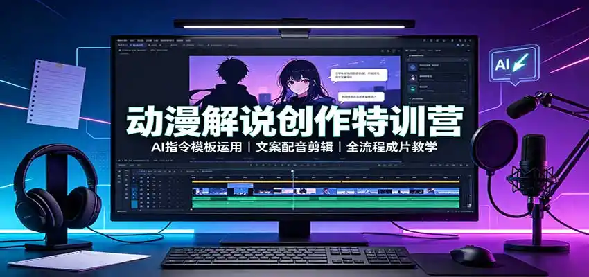 动漫解说创作特训营：AI指令模板运用，文案配音剪辑，全流程成片教学-一起筹课网