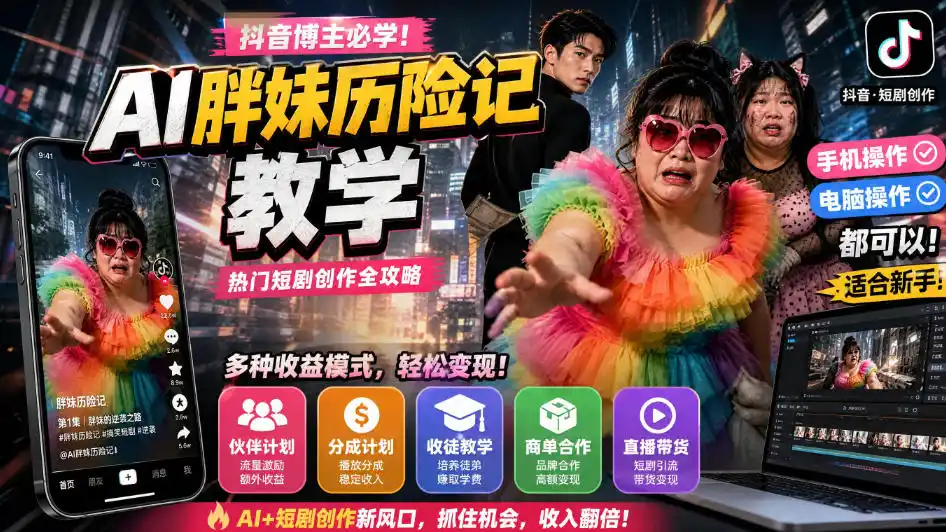 抖音博主的AI胖妹历险记教学，伙伴计划+分成计划+收徒+商单等多种收益，适合新手，手机电脑都可以操作-一起筹课网