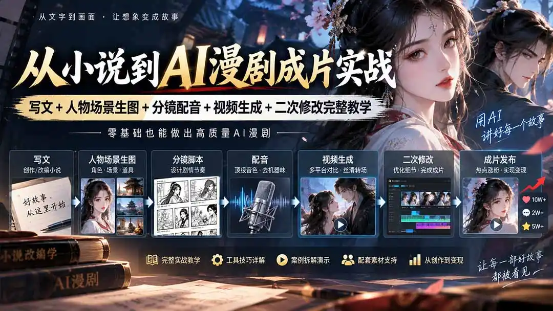 从小说到AI漫剧成片实战：写文+人物场景生图+分镜配音+视频生成+二次修改完整教学-一起筹课网