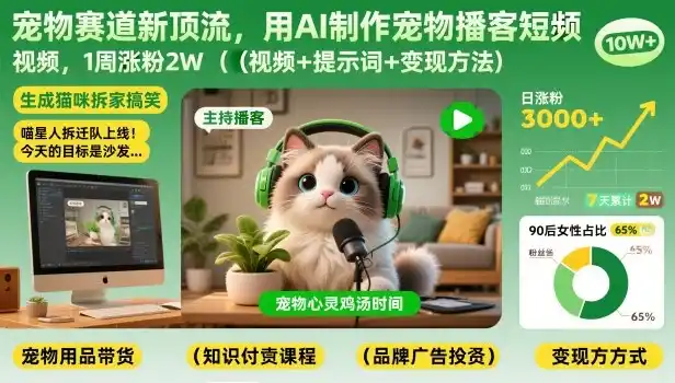 宠物赛道新顶流,用AI制作宠物播客短视频,1周涨粉2W(视频+提示词+变现方法)-一起筹课网