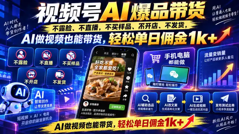 视频号Ai爆品带货，不露脸、不直播、不买样品、不开店、不发货，AI做视频也能带货，轻松单日佣金1k+-一起筹课网