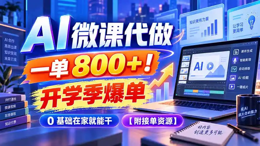 AI 微课代做，一单 800+！开学季爆单，0 基础在家就能干【附接单资源】-一起筹课网