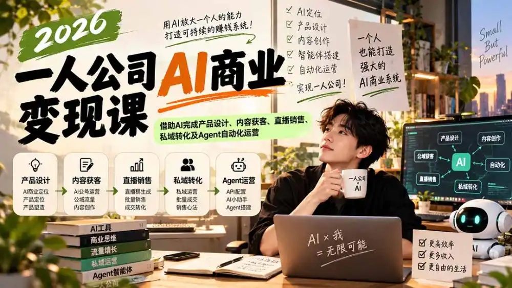 2026一人公司AI商业变现课:借助AI完成产品设计、内容获客、直播销售、私域转化及Agent自动化运营-一起筹课网