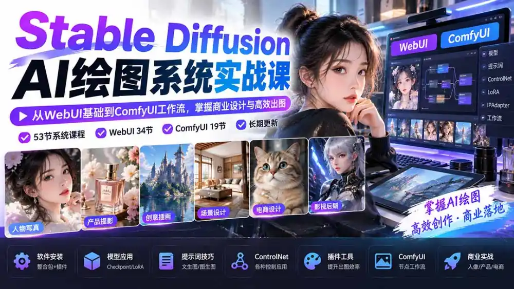【无水印】Stable Diffusion AI绘图系统实战课：从WebUI基础到ComfyUI工作流，掌握商业设计与高效出图-一起筹课网