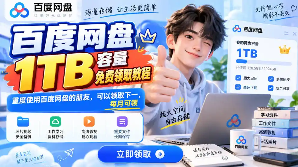 百度网盘1TB容量免费领取教程，重度使用百度网盘的朋友，可以领取下一，每月可领-一起筹课网