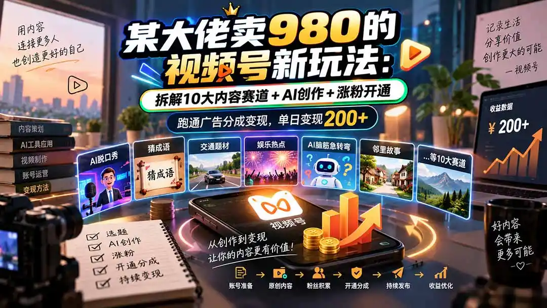 某大佬卖980的视频号新玩法：拆解10大内容赛道+AI创作+涨粉开通，跑通广告分成变现，单日变现200+-一起筹课网