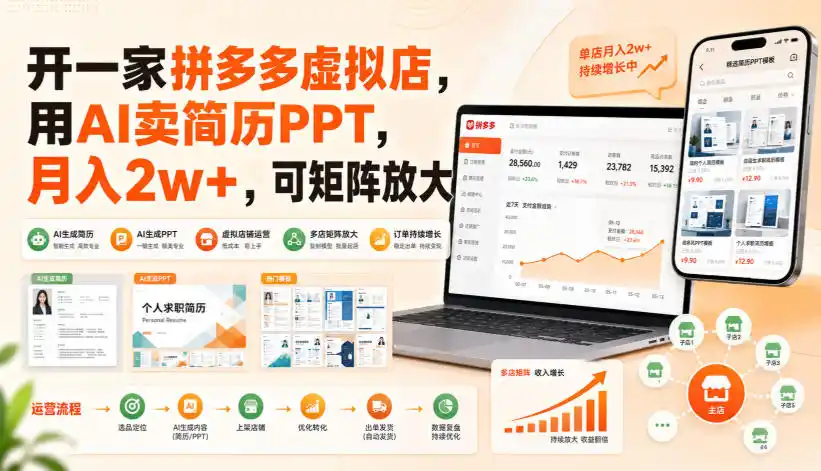 开一家拼多多虚拟店，用AI卖简历PPT，月入2w+，可矩阵放大【揭秘】-一起筹课网
