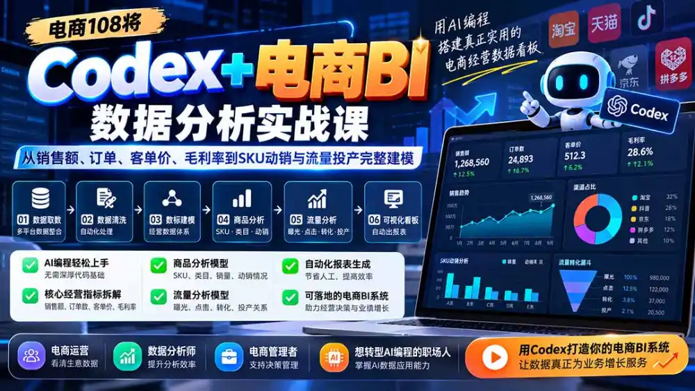 Codex+电商BI数据分析实战课-更新：从销售额、订单、客单价、毛利率到SKU动销与流量投产完整建模-一起筹课网
