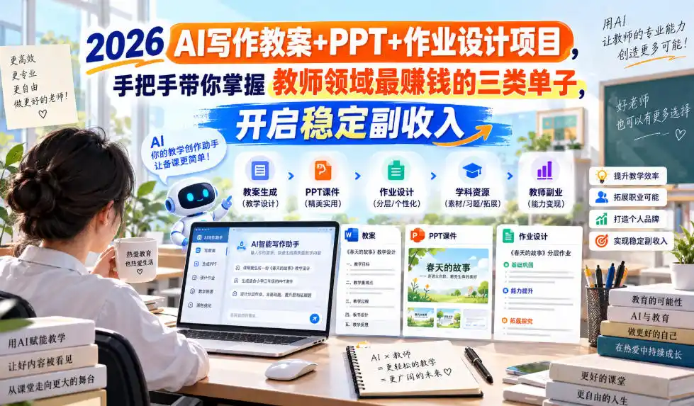 2026 AI写作教案+PPT+作业设计项目，手把手带你掌握教师领域最賺钱的三类单子，开启稳定副收入-一起筹课网