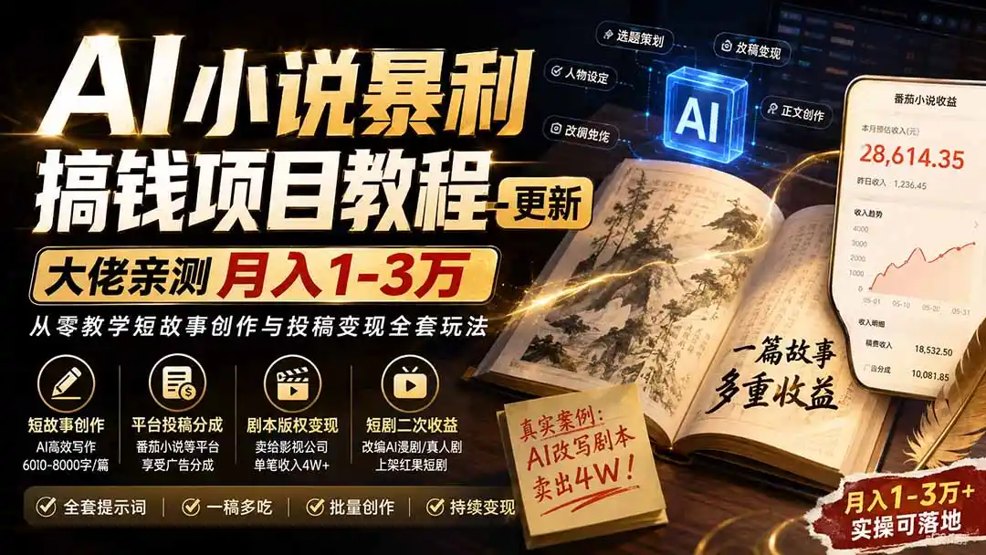 AI小说短故事暴利搞钱项目教程-更新，大佬亲测月入1-3万，从零教学短故事创作与投稿变现全套玩法-一起筹课网