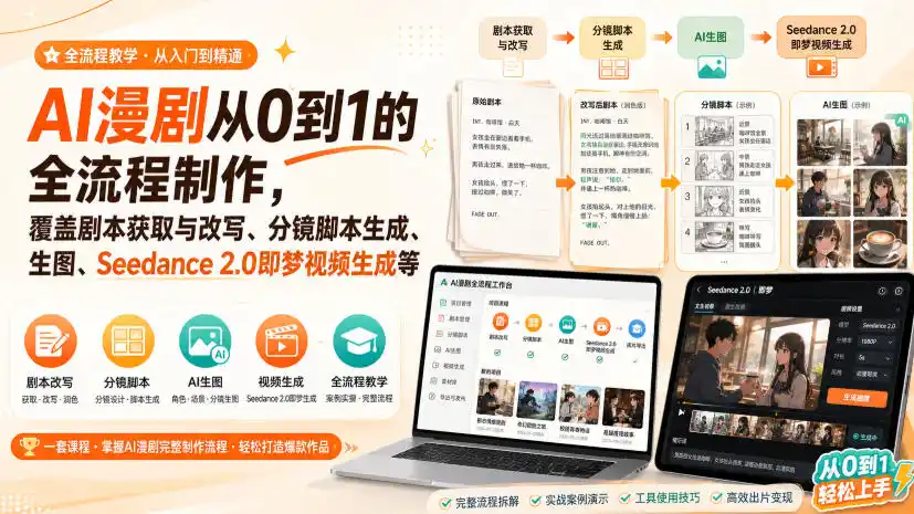 AI漫剧从0到1的全流程制作，覆盖剧本获取与改写、分镜脚本生成、角色场景生图与三视图、Seedance 2.0即梦视频生成(PDF版)-一起筹课网
